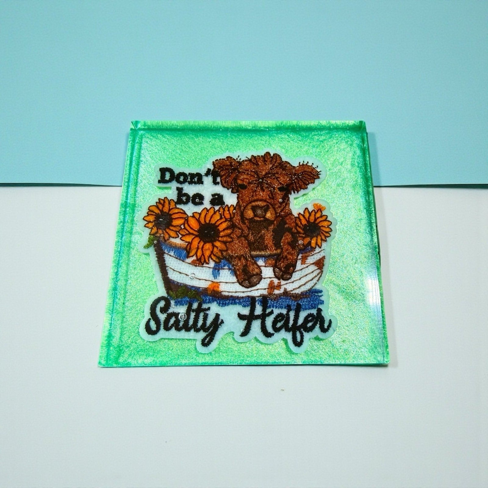 Handmade Set of 4 Retro Highland Cow Resin Coasters –Sunflower Boho Vibes