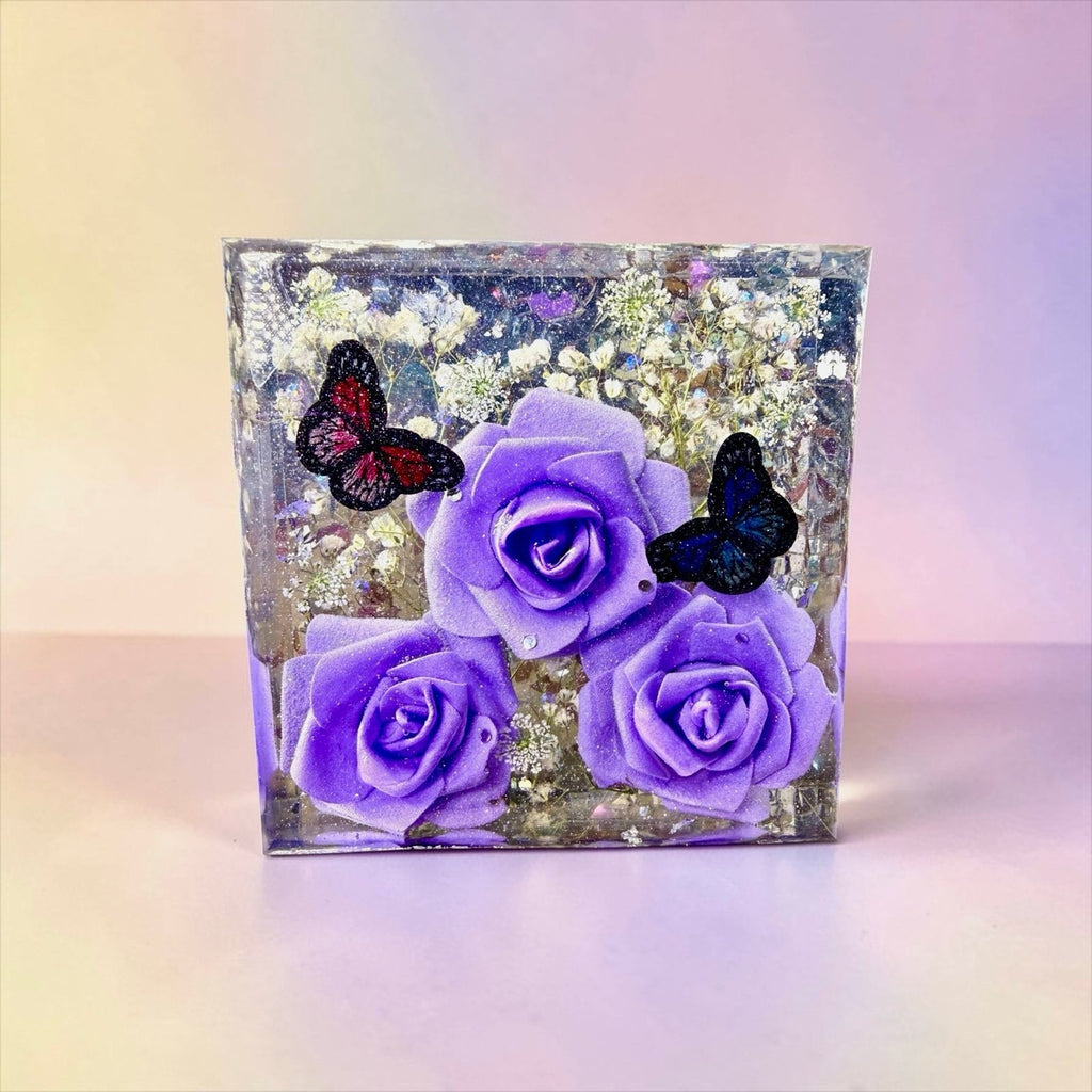 Large EpoxyResin Shelf Sitter Purple Rose Butterfly Decor Bookend Art Desk Decor
