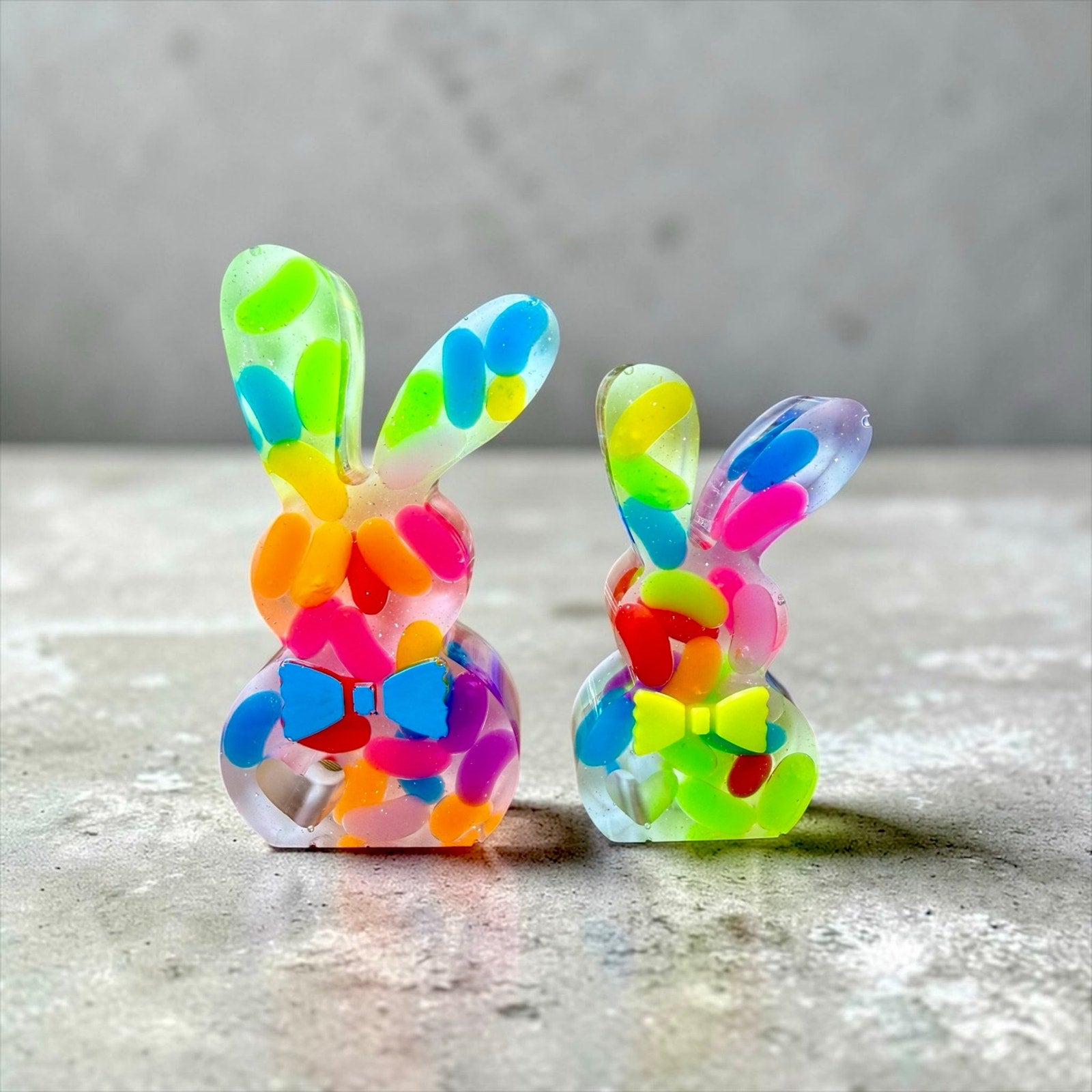 Handmade Resin Bunny Set Colorful Jellybean Easter Decor Shelf Sitter Boho Decor