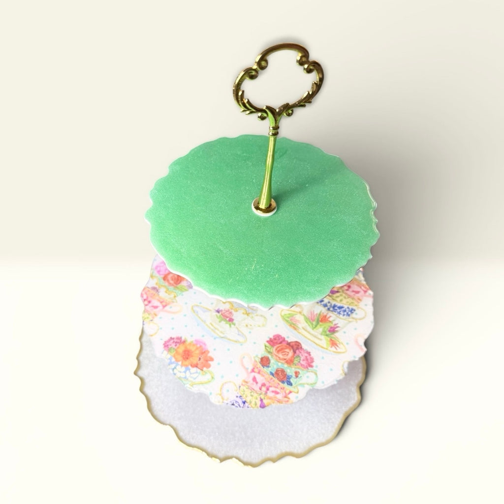 Handmade 3 Tier Resin Tea Party Tray | Floral Dessert Stand | Gold Handle Decor