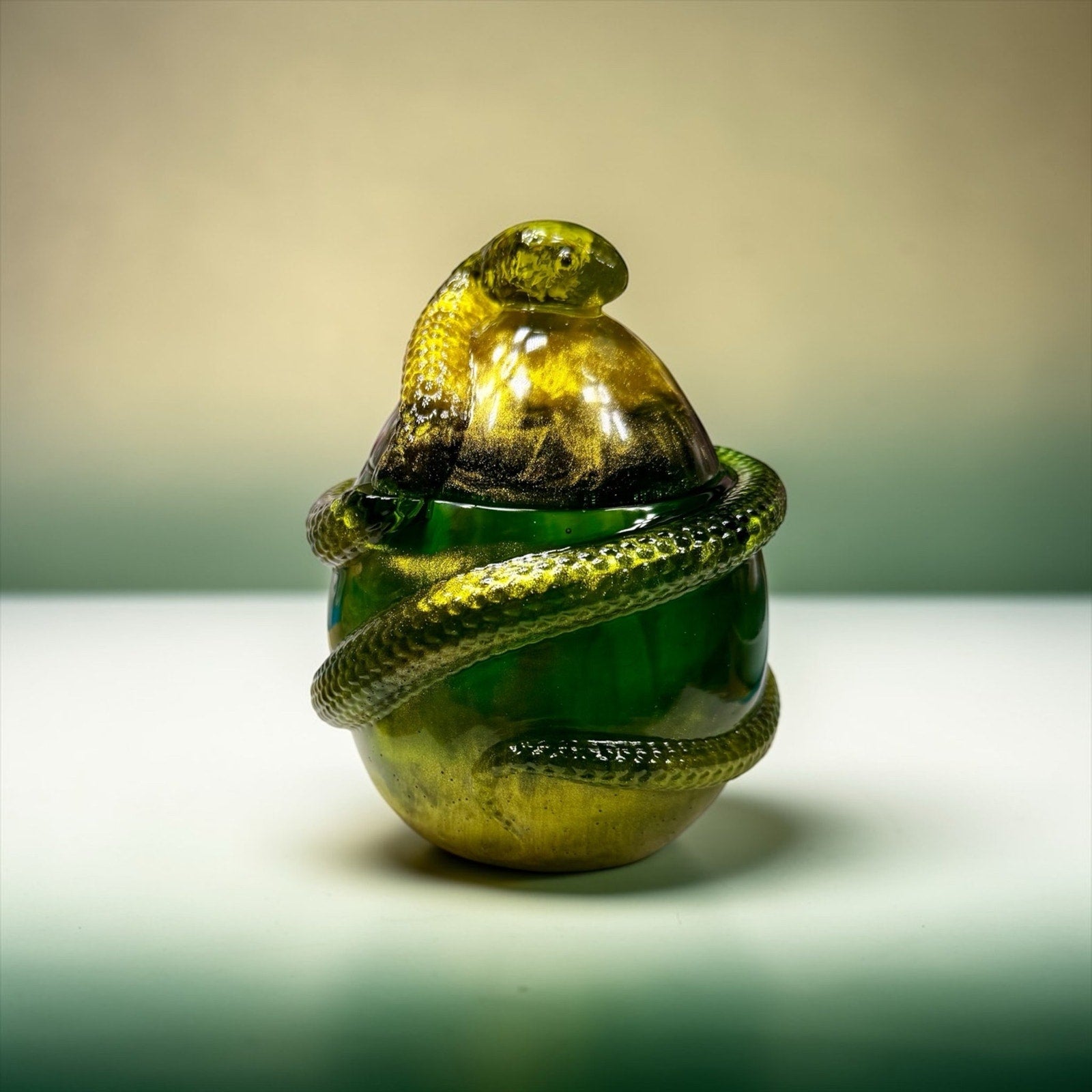 Handcrafted Epoxy Resin Snake Jar Emerald Green Gold Trinket Box Decor Curiosity