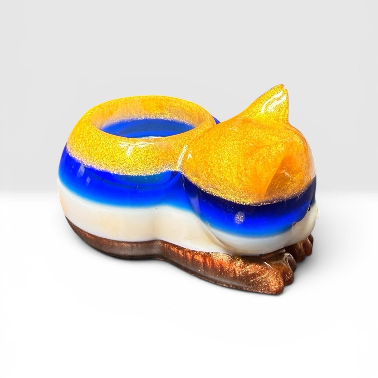 Handmade Resin Sleeping Cat Tea Light Holder Blue Gold Remnant Art