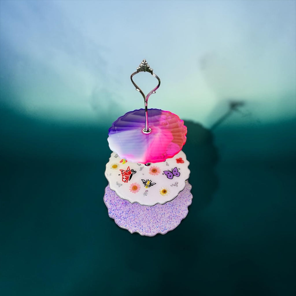 Whimsical 90s Party Time Resin Tier Tray | Fairy Tea Party Decor Glitter