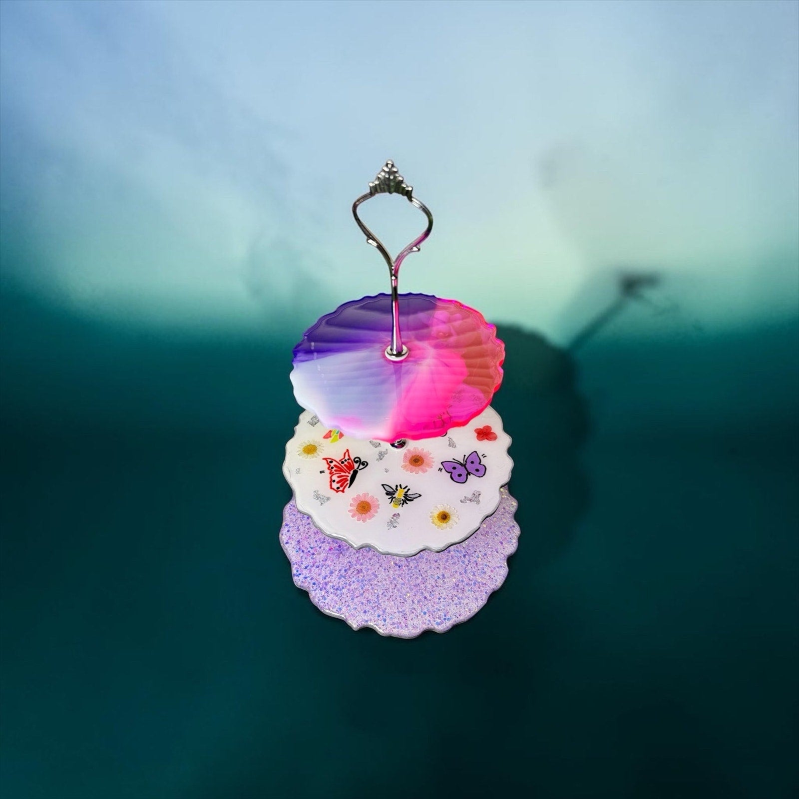 Whimsical 90s Party Time Resin Tier Tray | Fairy Tea Party Decor Glitter