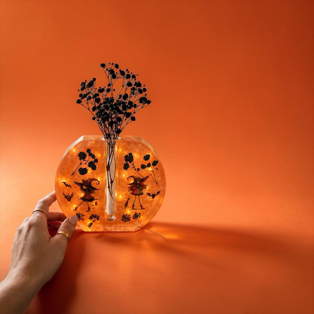 Halloween Lighted Resin Bud Vase – Witch Decor – Handmade Orange Vase