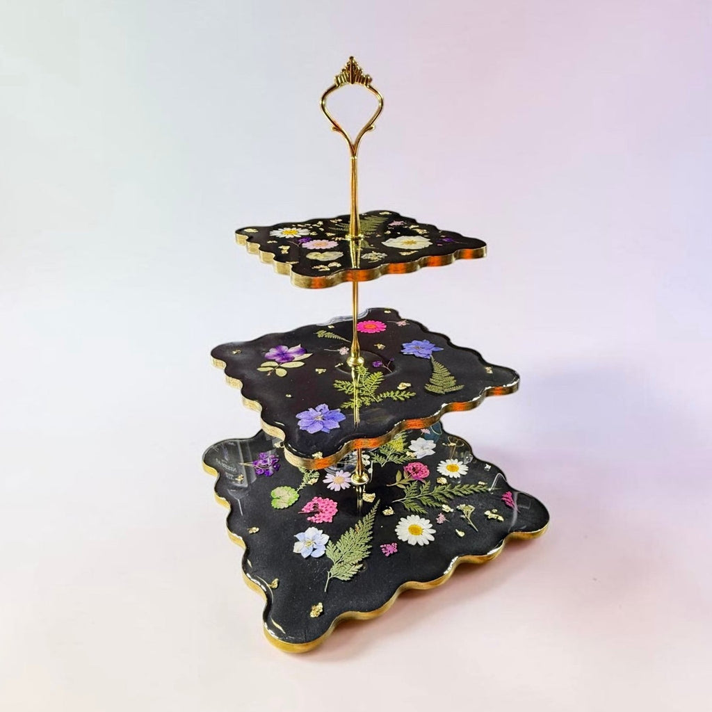 Noir Botanica Tiered Stand | Handcrafted 3 Tier Resin Serving Tray | Elegant