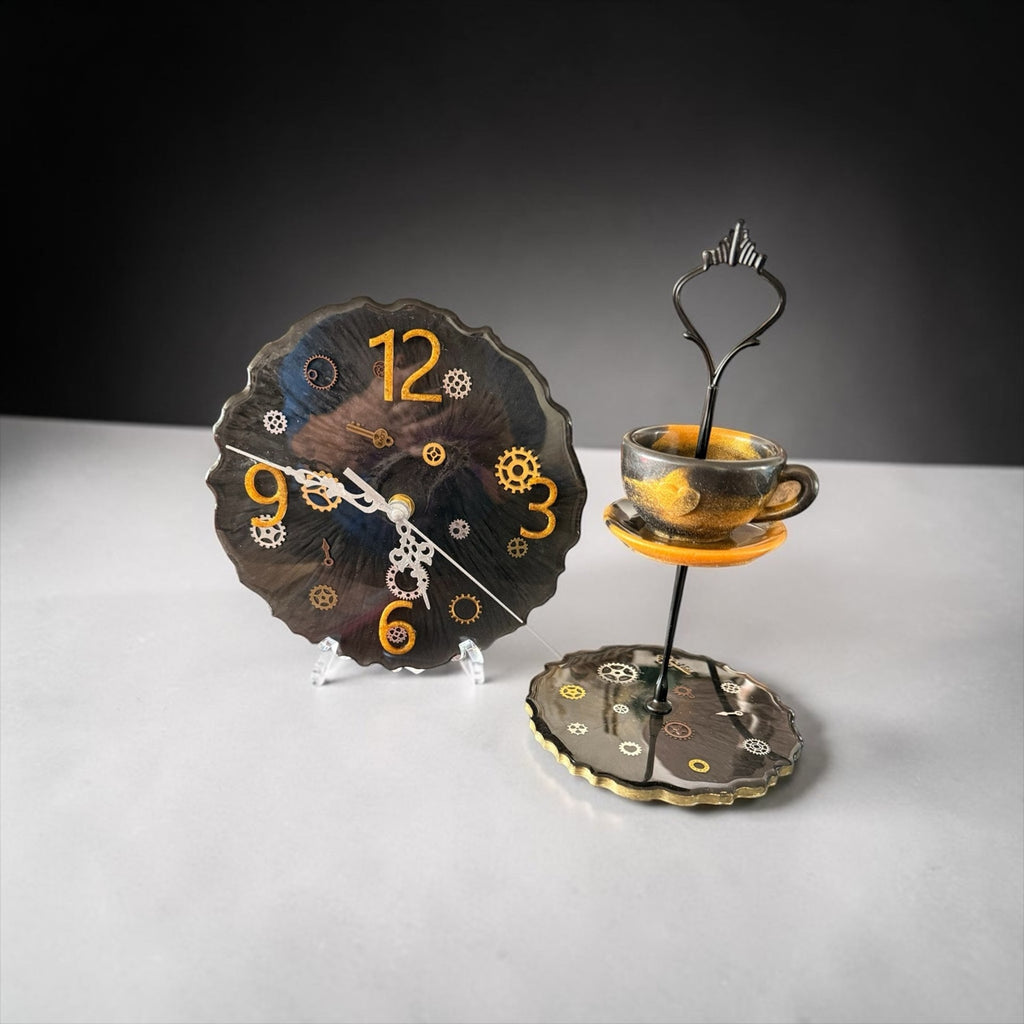 Steampunk Decor Set Clock + Mini Tier Tray | Jewelry Stand Bundle Handcrafted