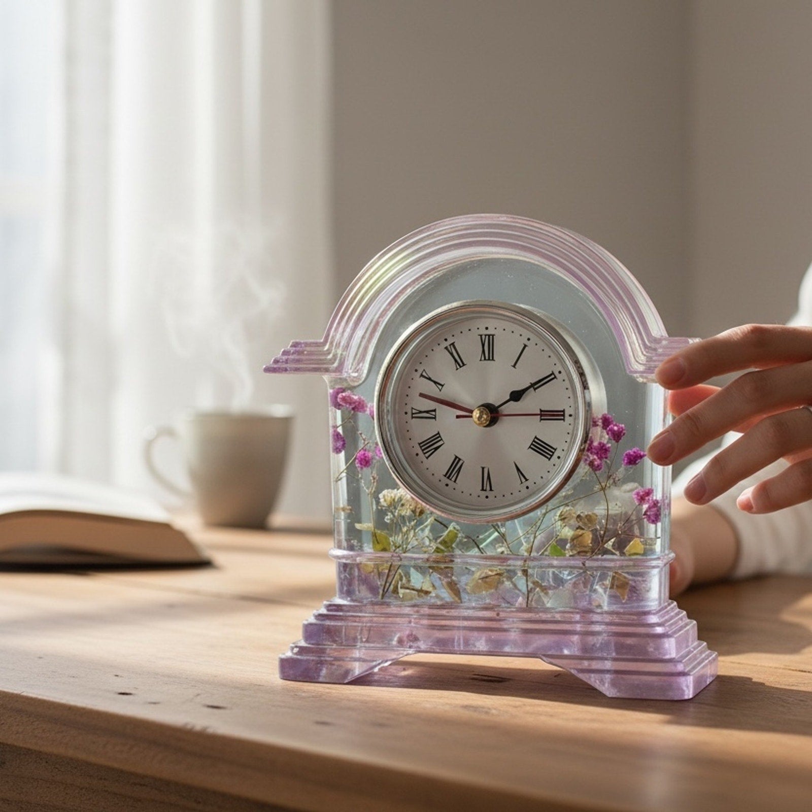 Handmade Epoxy Resin Floral Desk Clock Pressed Flowers Cottagecore Boho Decor