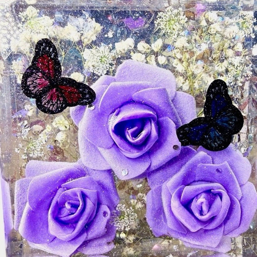 Large EpoxyResin Shelf Sitter Purple Rose Butterfly Decor Bookend Art Desk Decor