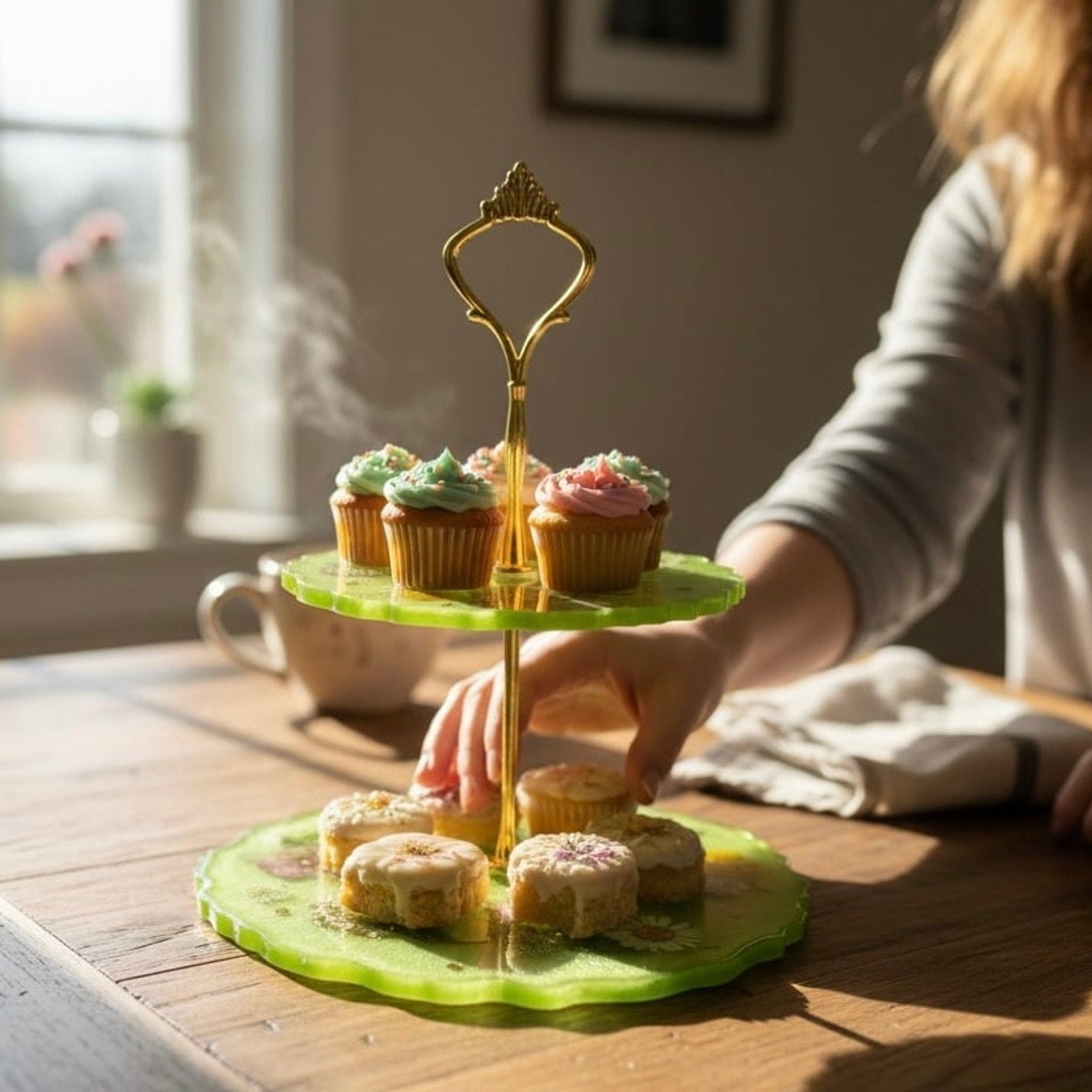 Handcrafted Resin 2 Tier Tray Pressed Flowers Green Gold Stand Botanical Decor