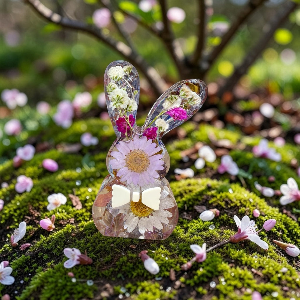 Pressed Flower Easter Bunny – Reversible Floral -Spring Decor- Pink Fireglass