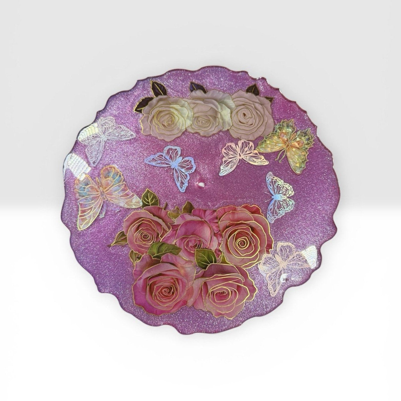 Handcrafted Epoxy Resin 3 Tier Tray Floral Butterfly Gold Stand Dessert Display