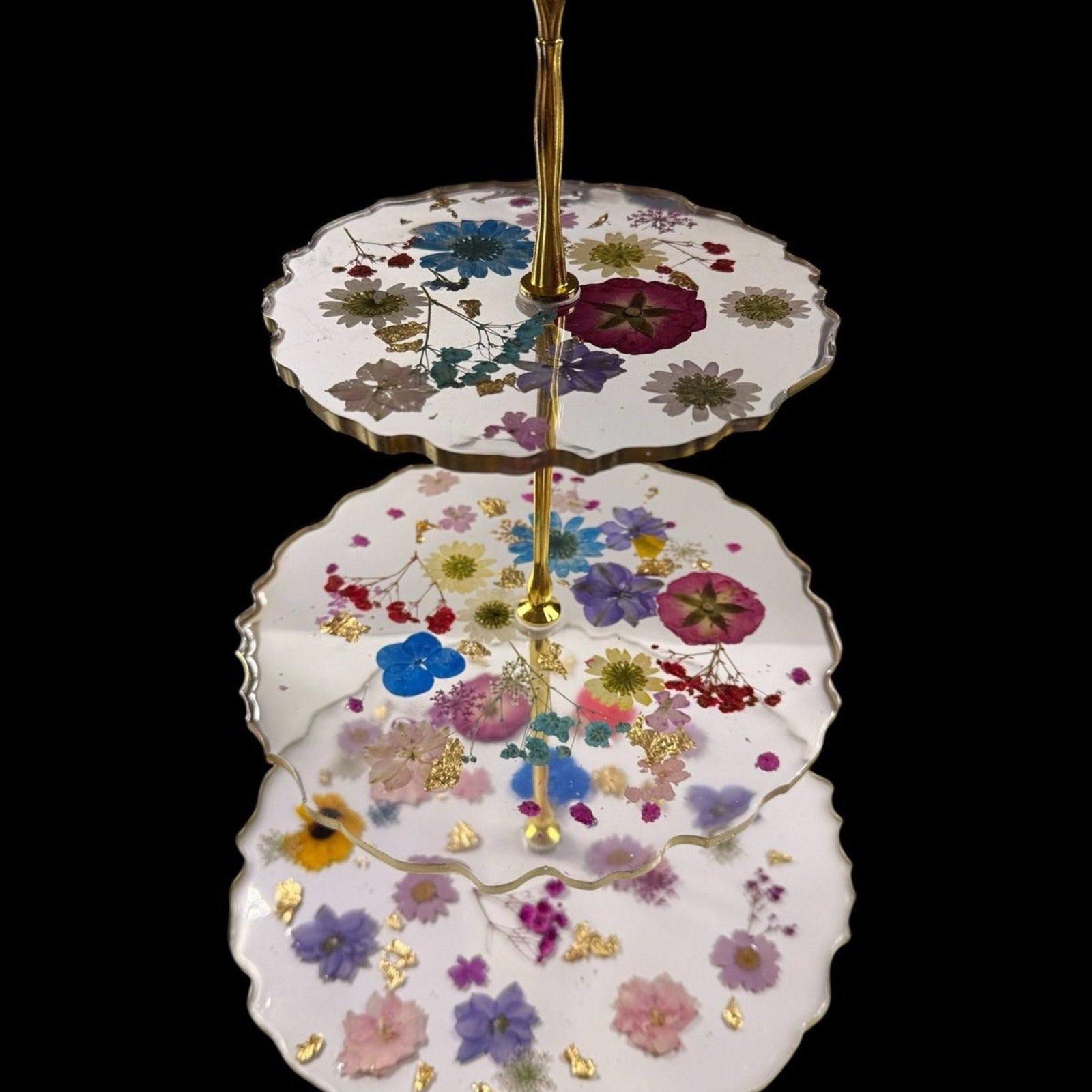 Handmade Pressed Flower Resin 3 Tier Tray Gold Tea Party Display—Forever Bloom