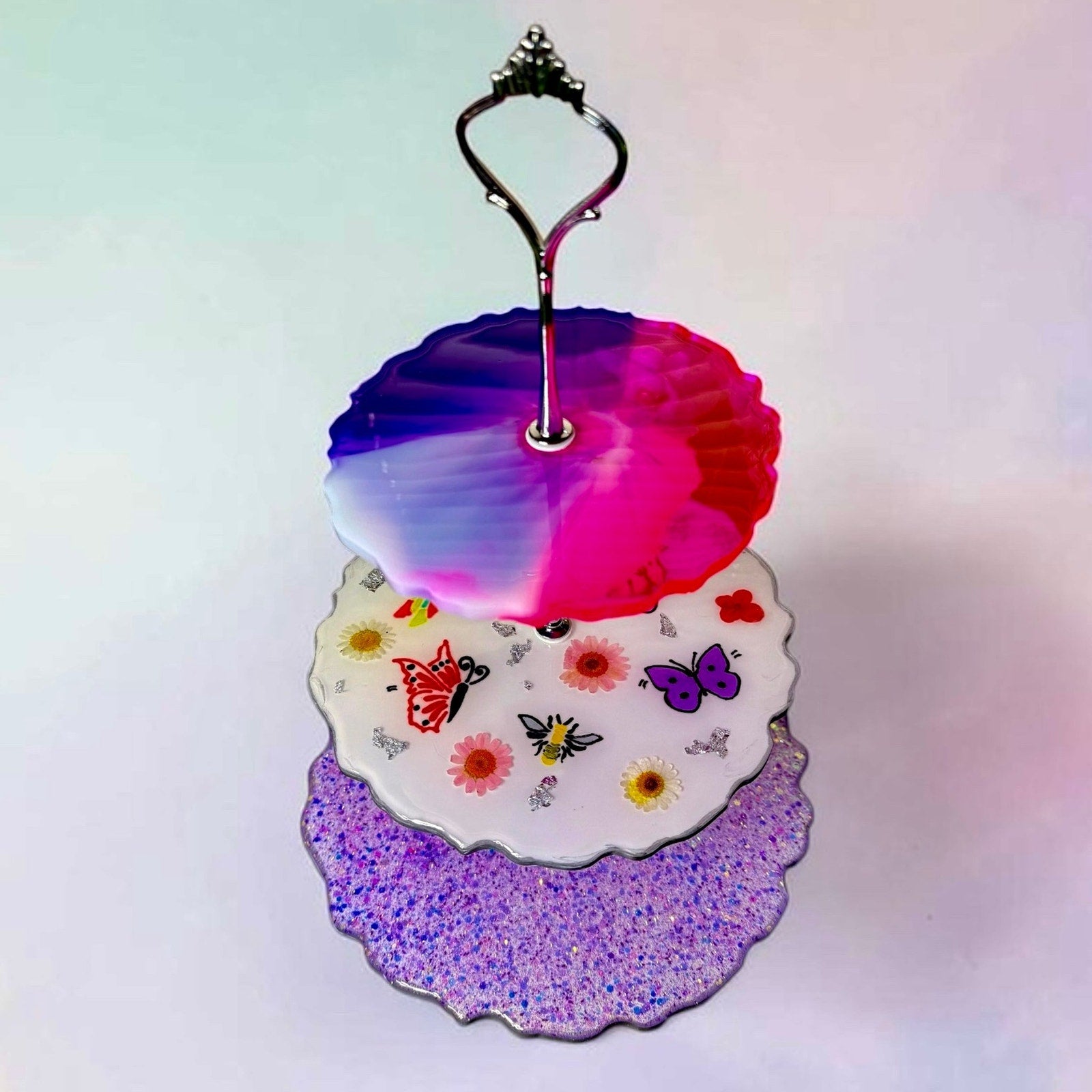 Whimsical 90s Party Time Resin Tier Tray | Fairy Tea Party Decor Glitter