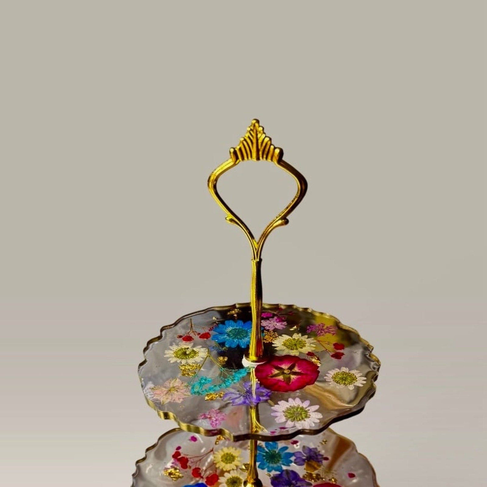 Handmade Pressed Flower Resin 3 Tier Tray Gold Tea Party Display—Forever Bloom