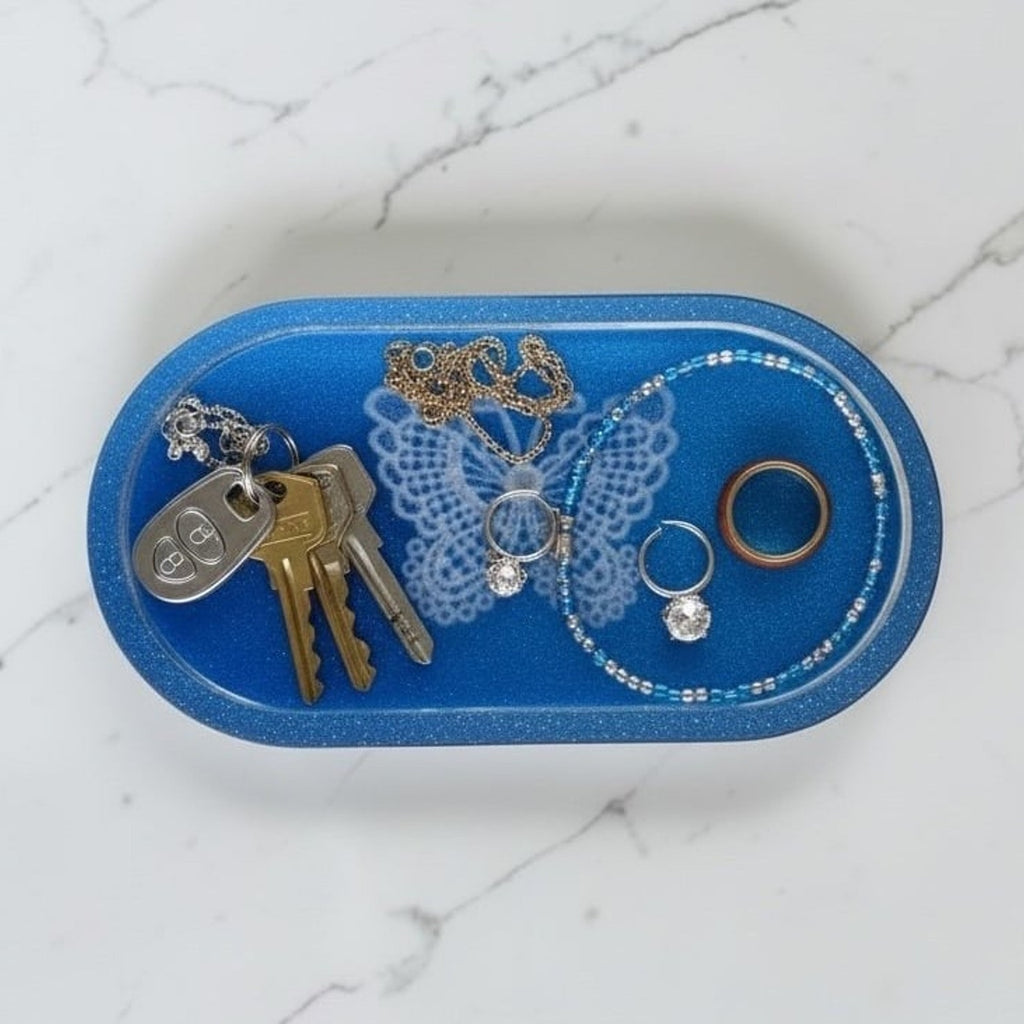 Handmade Real Lace Butterfly Trinket Tray Epoxy Resin Jewelry Dish Catchall