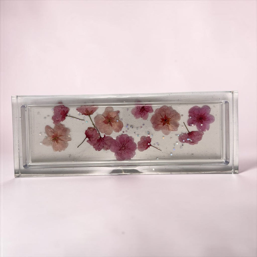 Handcrafted Resin Floral Vanity Tray Pink Pressed Flowers Sparkle Decor