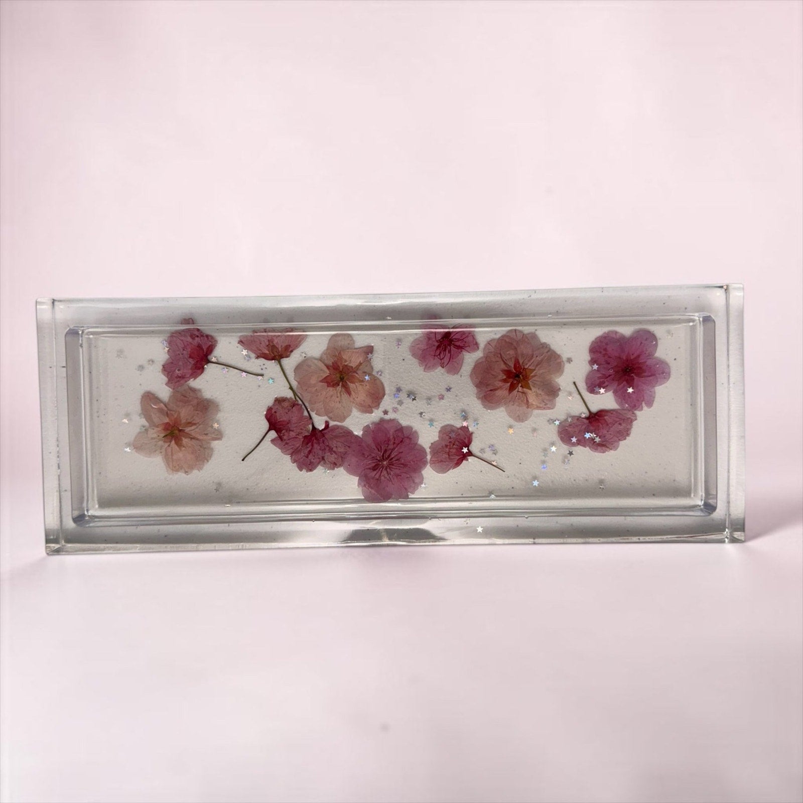 Handcrafted Resin Floral Vanity Tray Pink Pressed Flowers Sparkle Decor