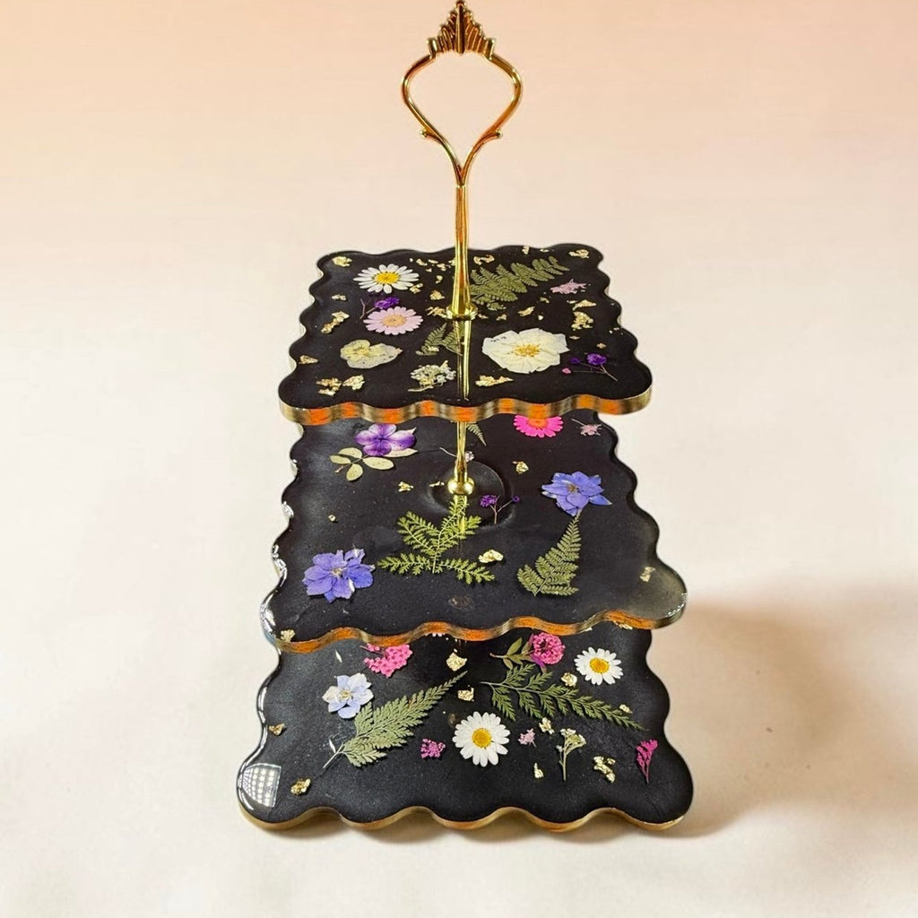 Noir Botanica Tiered Stand | Handcrafted 3 Tier Resin Serving Tray | Elegant