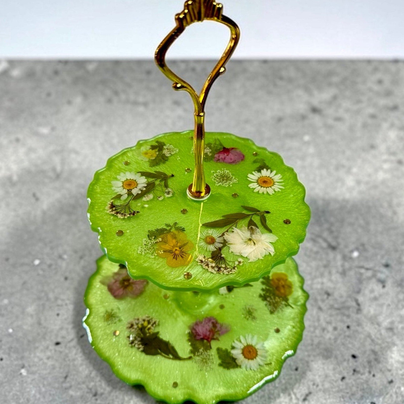 Handcrafted Resin 2 Tier Tray Pressed Flowers Green Gold Stand Botanical Decor