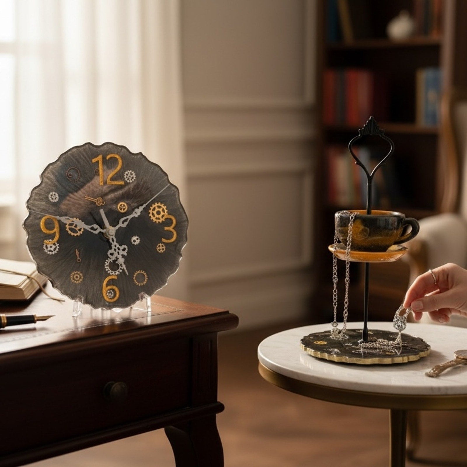 Steampunk Decor Set Clock + Mini Tier Tray | Jewelry Stand Bundle Handcrafted