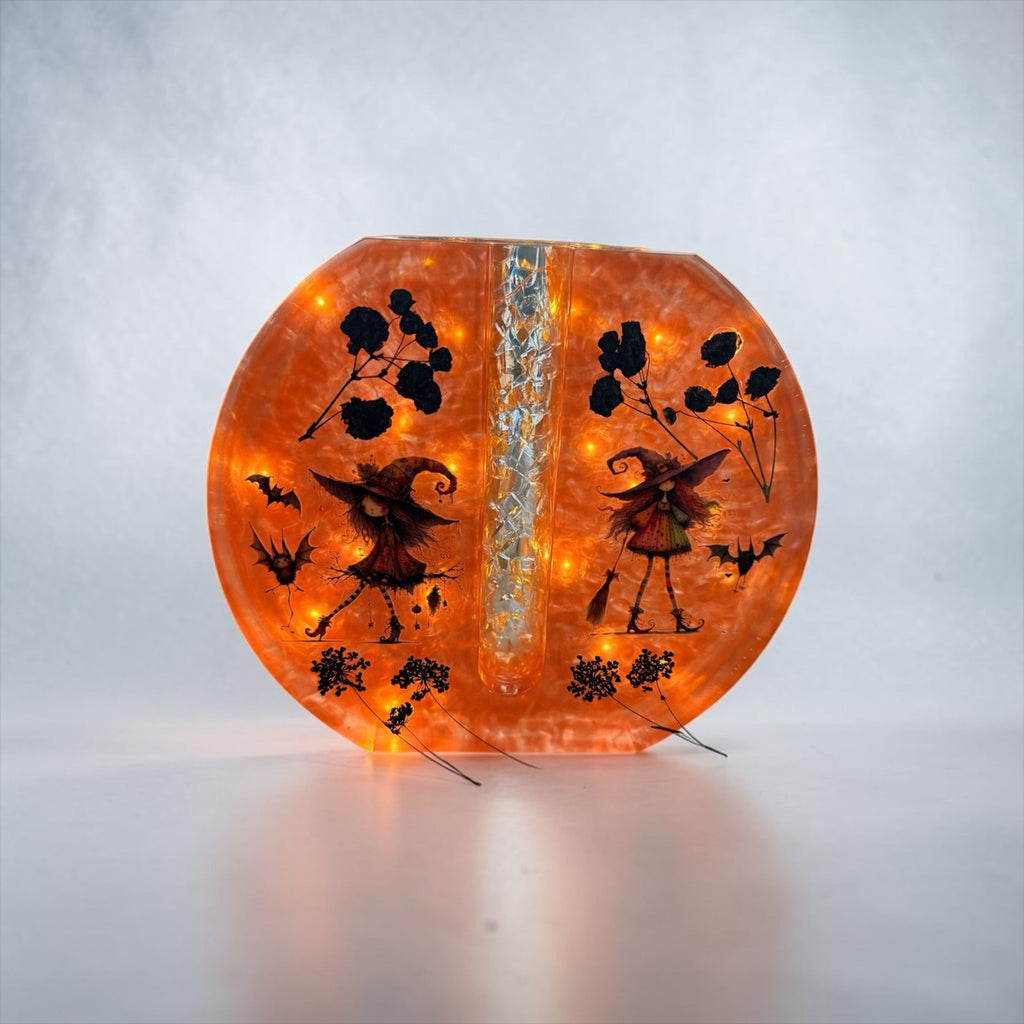 Halloween Lighted Resin Bud Vase – Witch Decor – Handmade Orange Vase