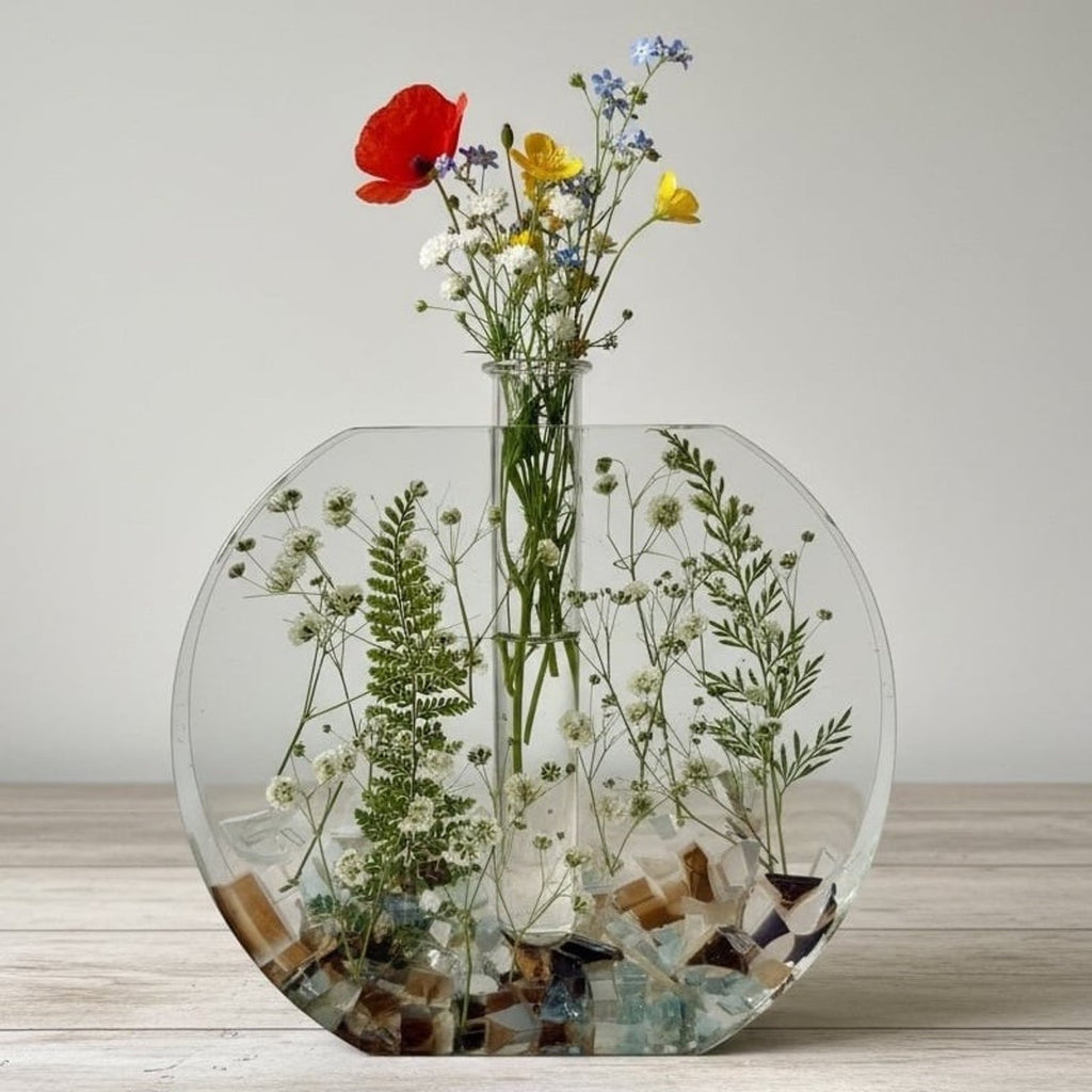 Handmade Forever Bloom Pressed Flower Resin Vase Neutral Botanical Vase