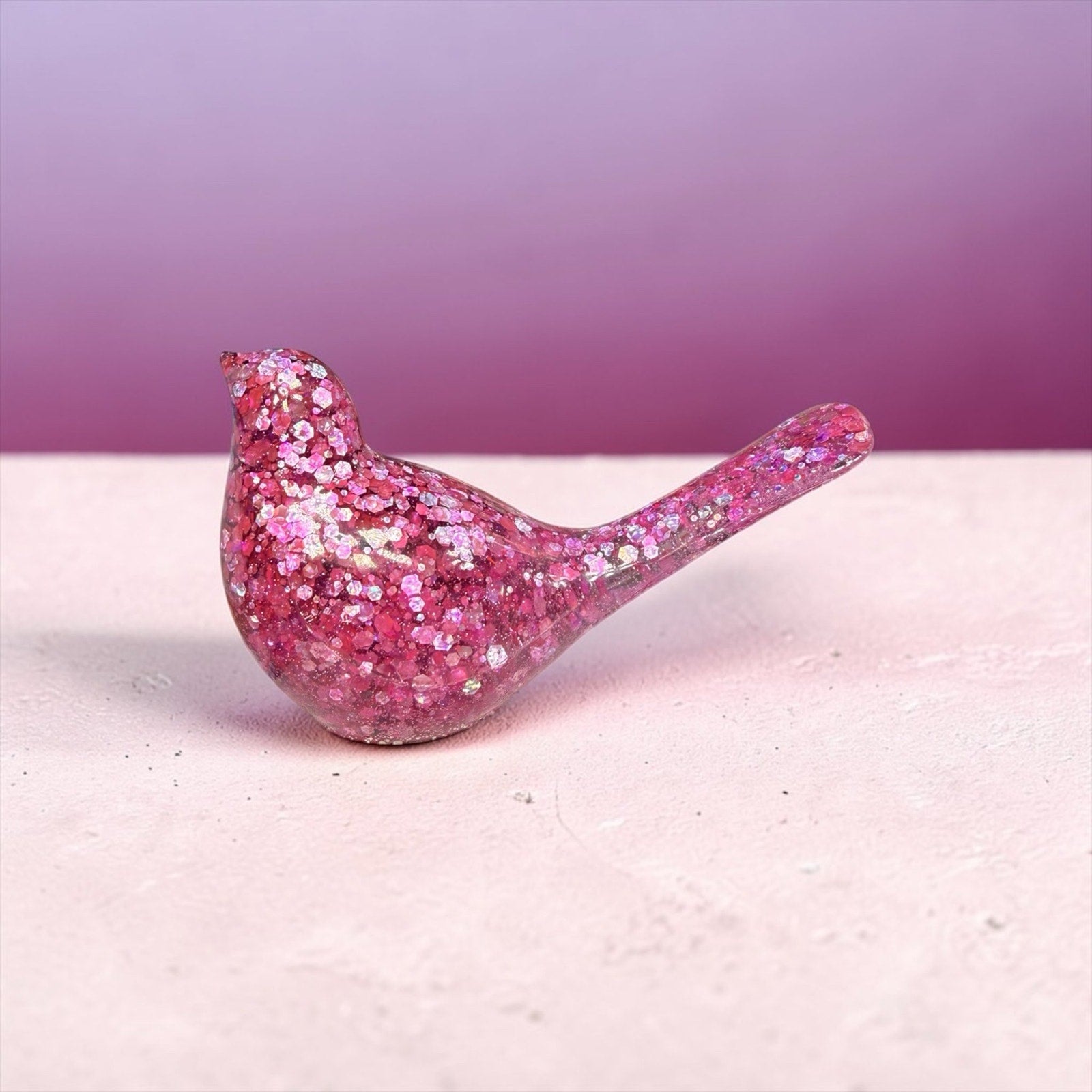 Handmade Glitter Epoxy Resin Bird Figurines • Pink & Silver Shelf Decor Set