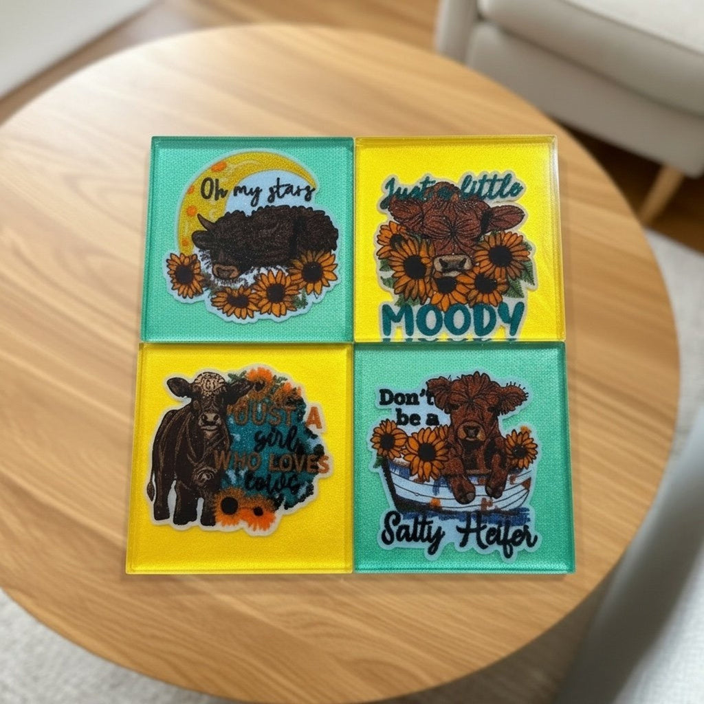 Handmade Set of 4 Retro Highland Cow Resin Coasters –Sunflower Boho Vibes