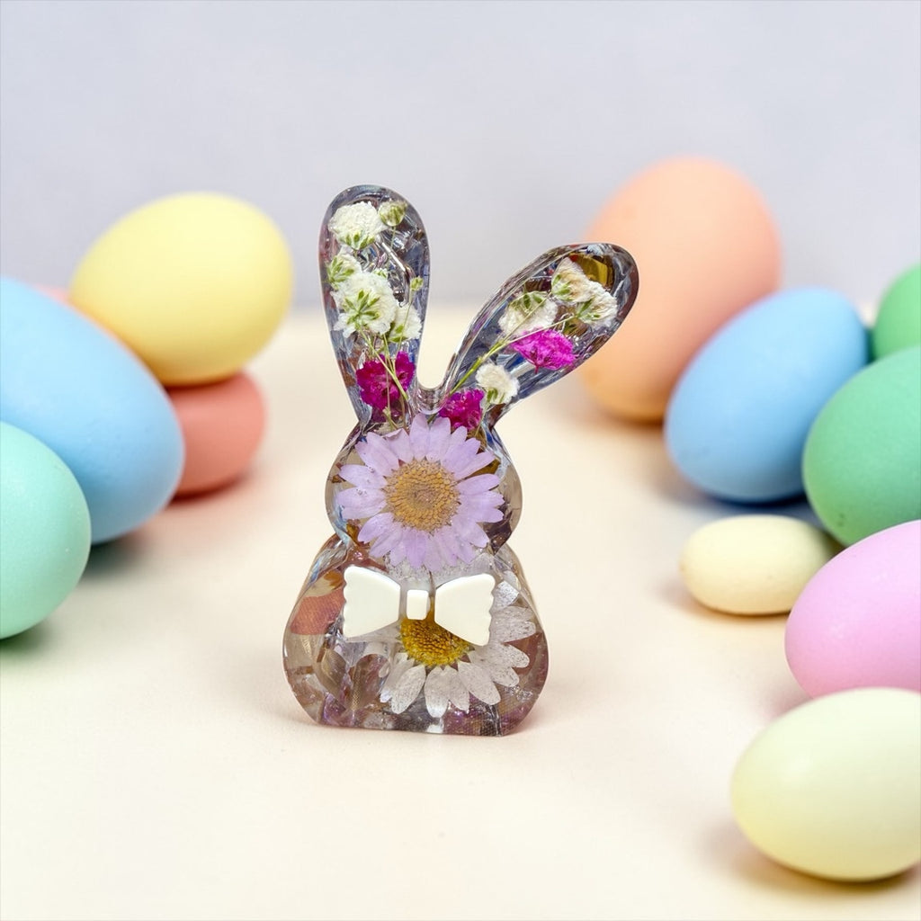 Pressed Flower Easter Bunny – Reversible Floral -Spring Decor- Pink Fireglass