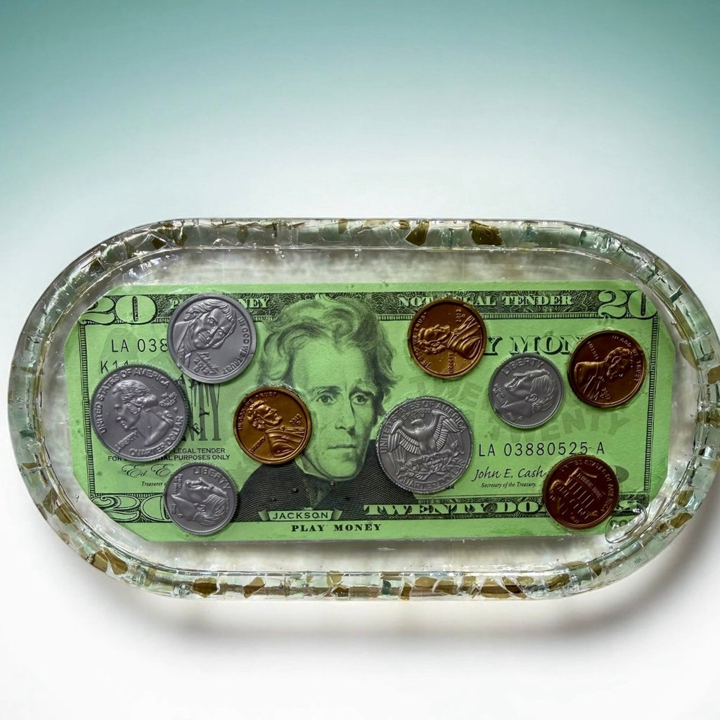 Handmade Resin Trinket Tray -Abundance Theme- Play Money- Make it Rain- Gift