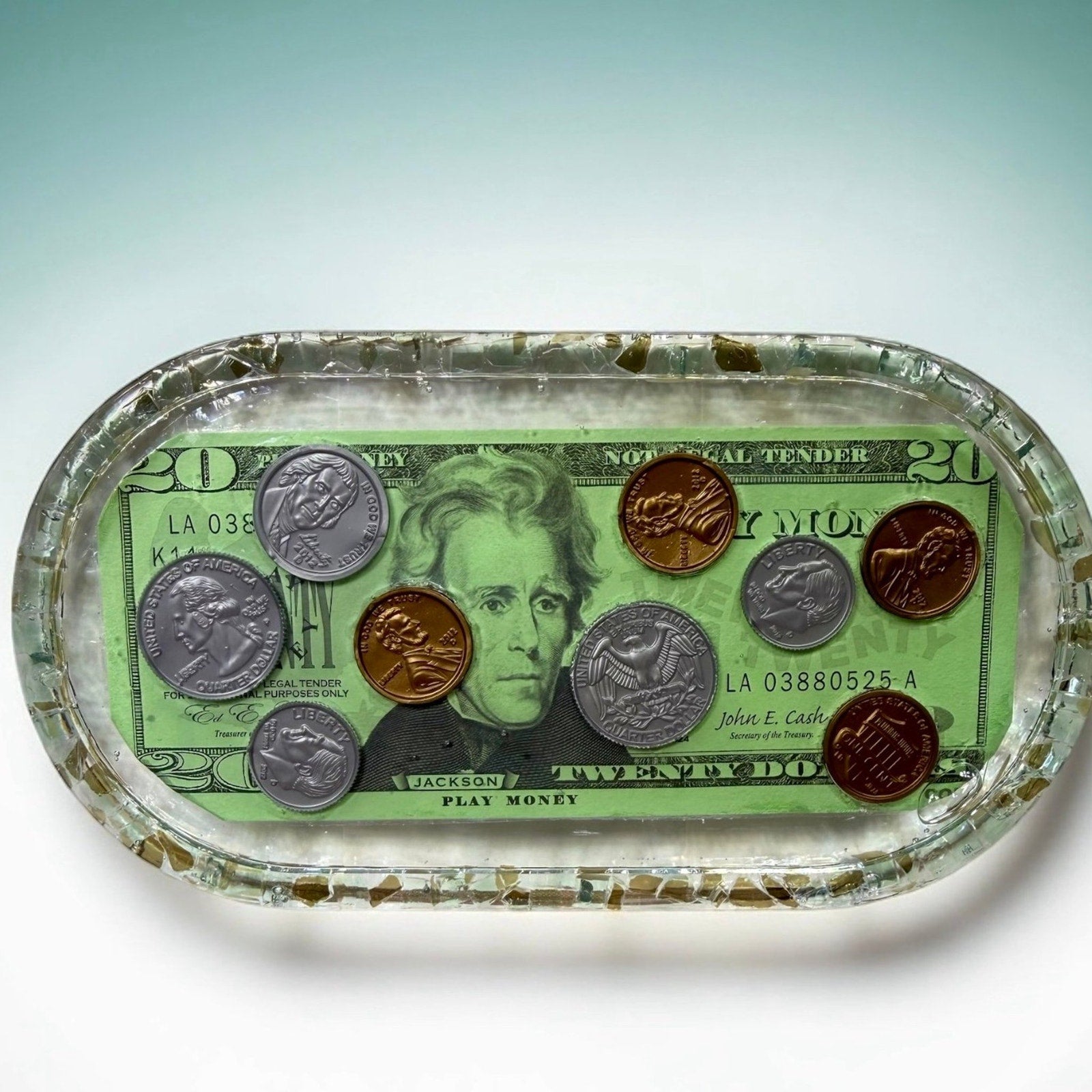 Handmade Resin Trinket Tray -Abundance Theme- Play Money- Make it Rain- Gift