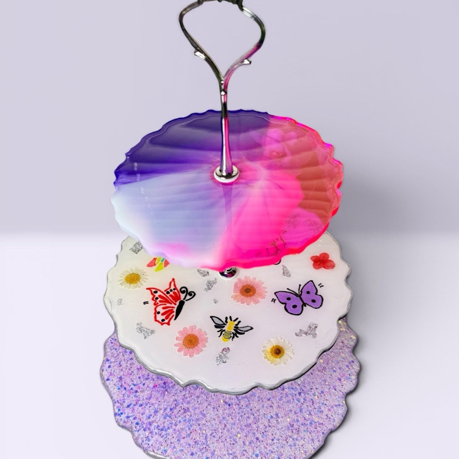 Whimsical 90s Party Time Resin Tier Tray | Fairy Tea Party Decor Glitter