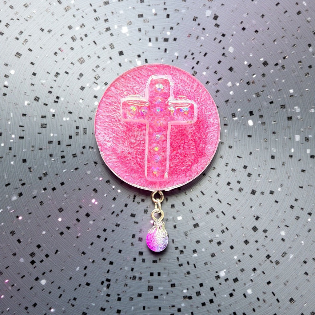 Handmade Resin Cross Magnet Faith Christian Gift Pink Rhinestone Cross w/ Bead
