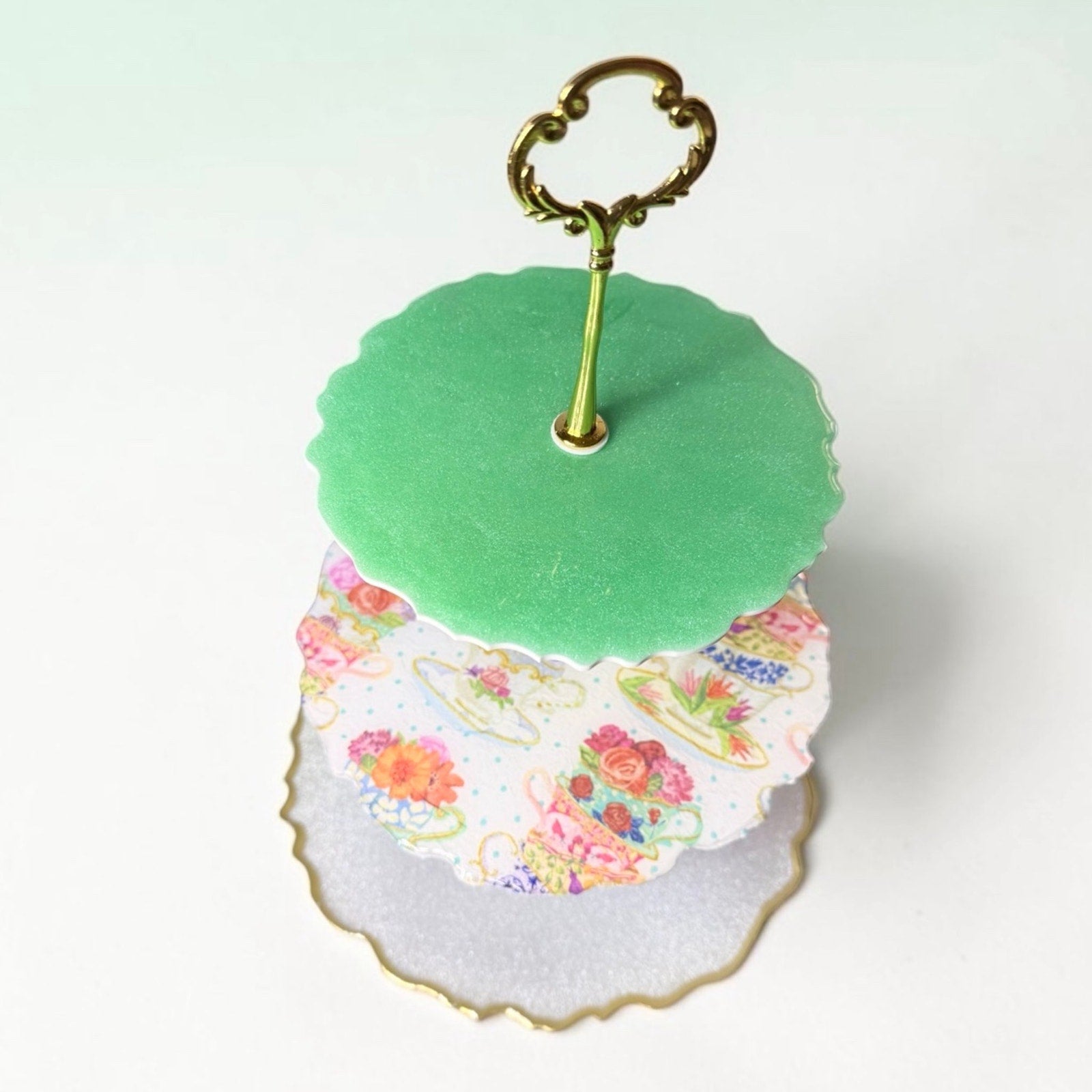 Handmade 3 Tier Resin Tea Party Tray | Floral Dessert Stand | Gold Handle Decor