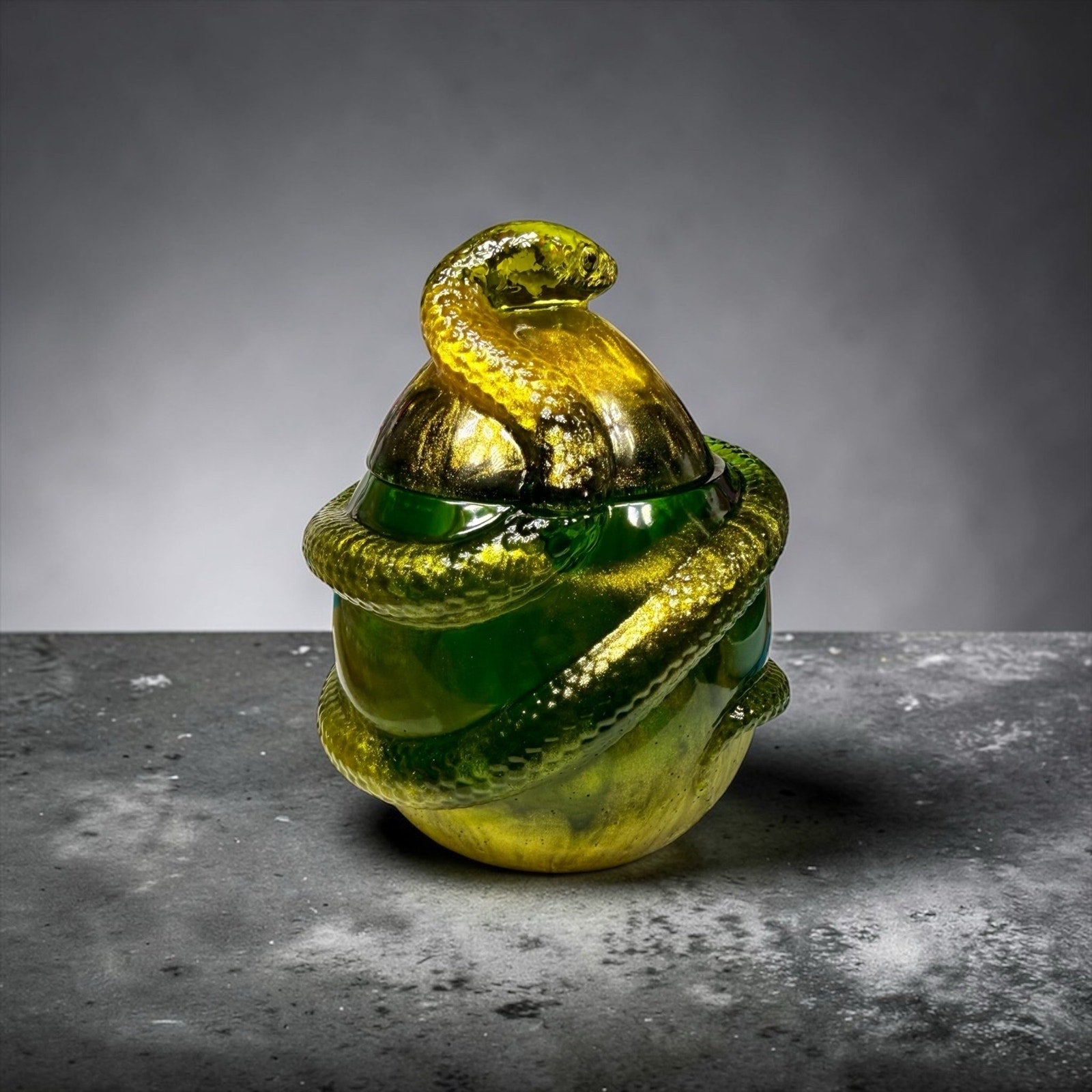 Handcrafted Epoxy Resin Snake Jar Emerald Green Gold Trinket Box Decor Curiosity