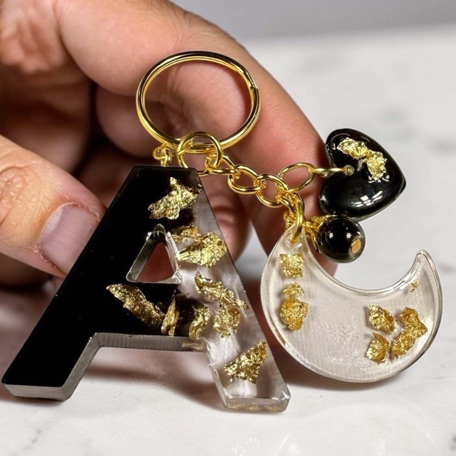Custom Initial Resin Keychain Black Gold Leaf Personalized Letter Charm