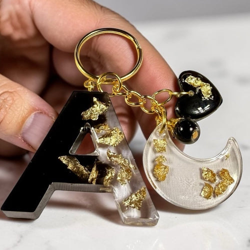 Custom Initial Resin Keychain Black Gold Leaf Personalized Letter Charm