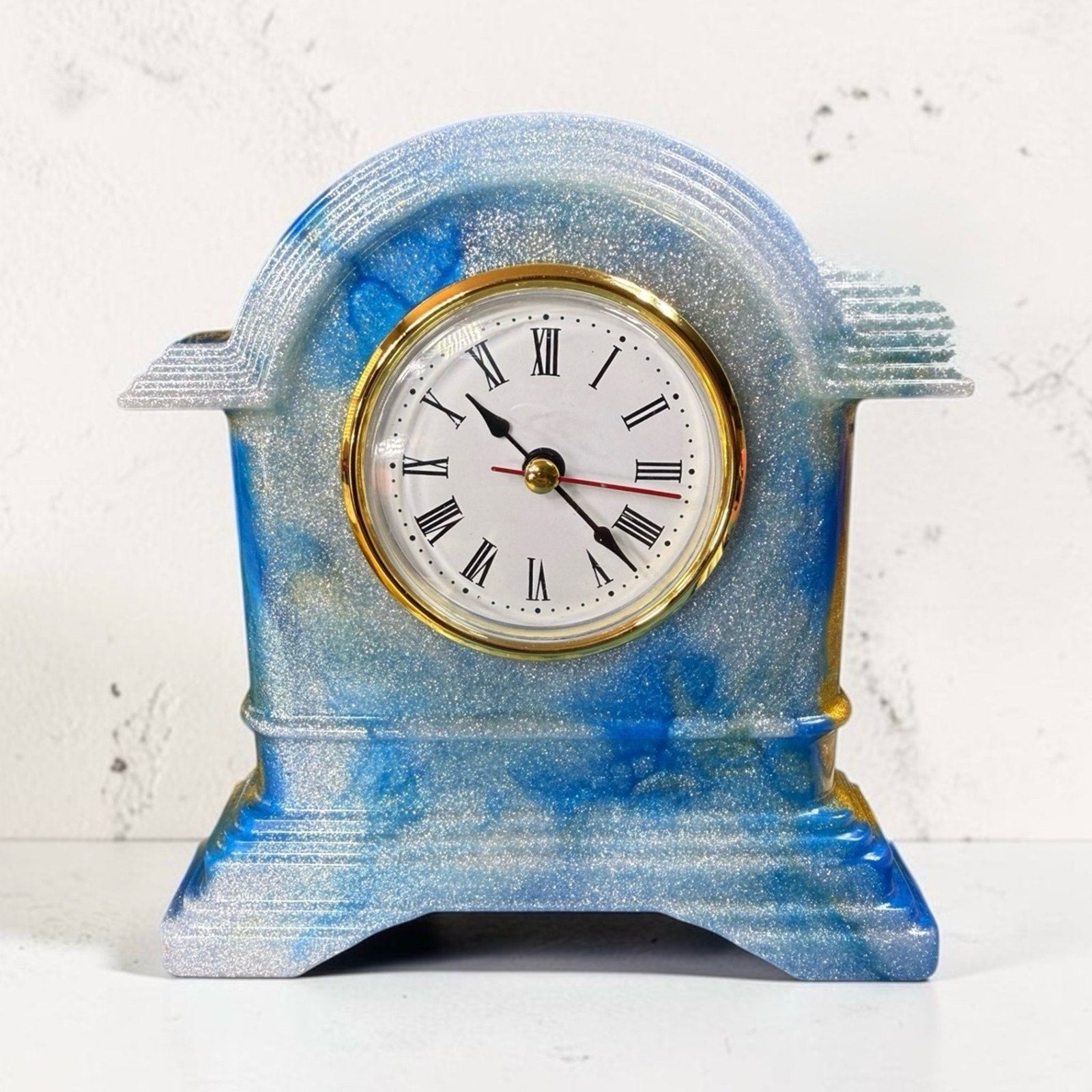 Handcrafted Resin Desk Clock Blue Gold Swirl Functional Art Decor Mantel Clock