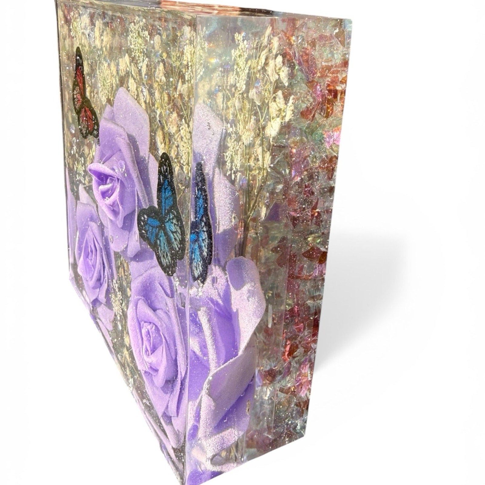 Large EpoxyResin Shelf Sitter Purple Rose Butterfly Decor Bookend Art Desk Decor