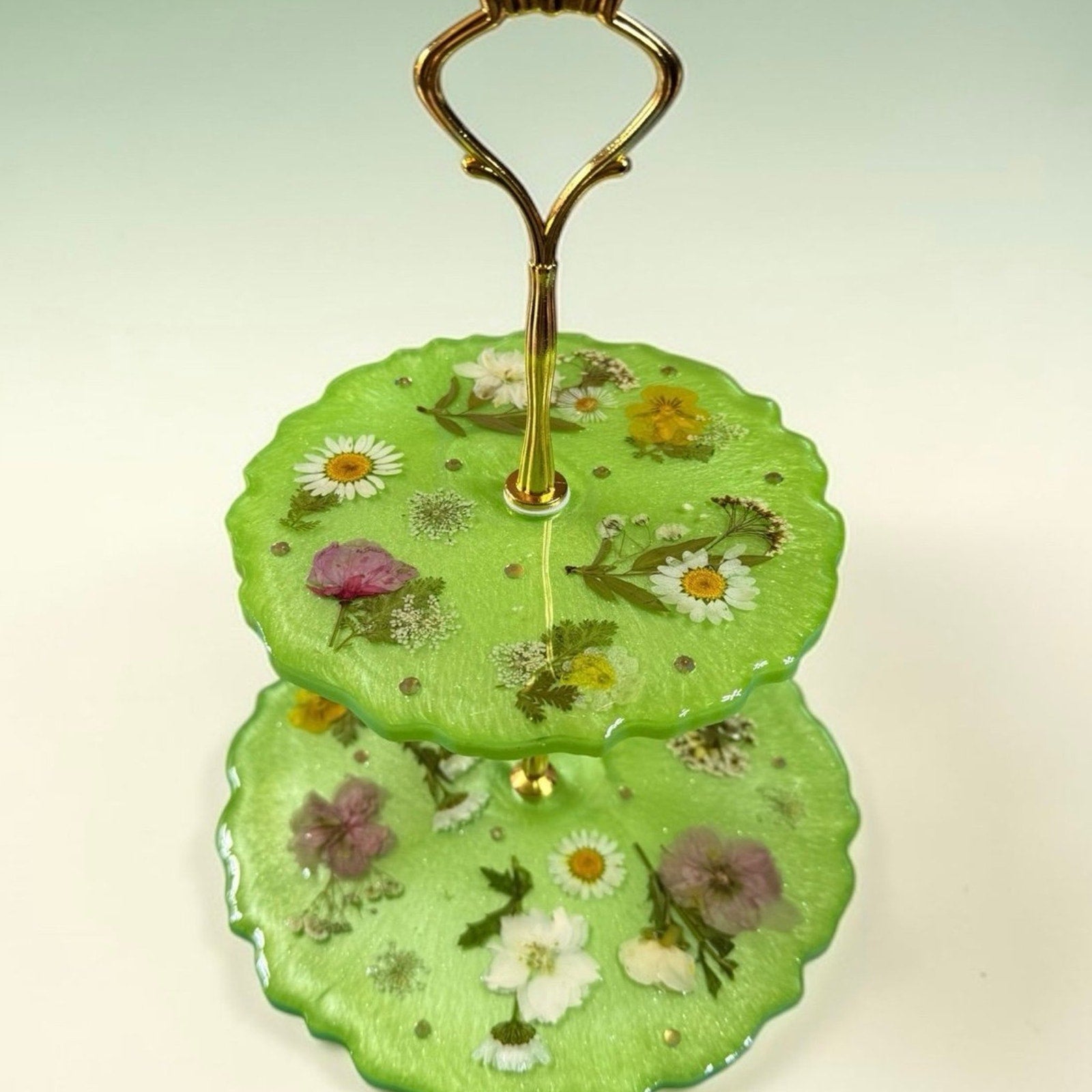 Handcrafted Resin 2 Tier Tray Pressed Flowers Green Gold Stand Botanical Decor