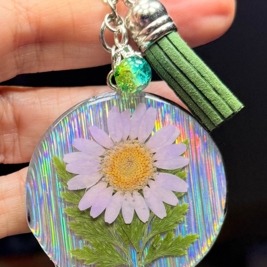 Holographic Pressed Flower Keychain w/ Green Tassel Charm and Glass Bead