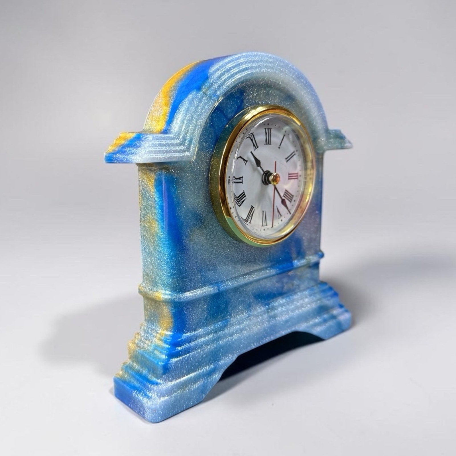 Handcrafted Resin Desk Clock Blue Gold Swirl Functional Art Decor Mantel Clock