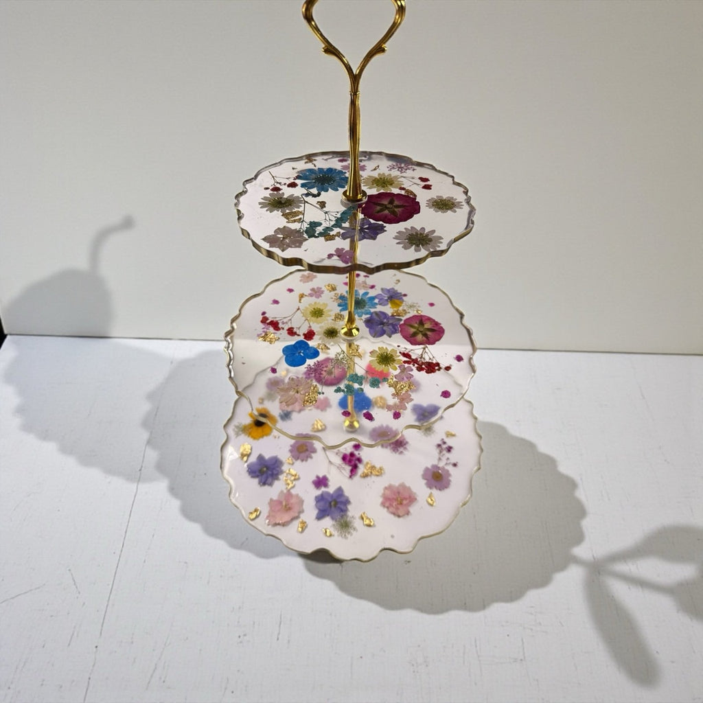 Handmade Pressed Flower Resin 3 Tier Tray Gold Tea Party Display—Forever Bloom