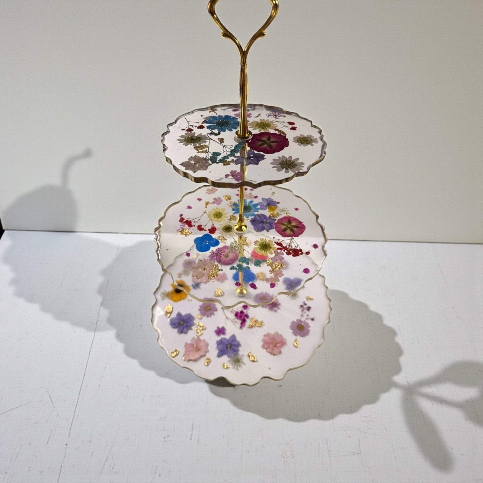 Handmade Pressed Flower Resin 3 Tier Tray Gold Tea Party Display—Forever Bloom