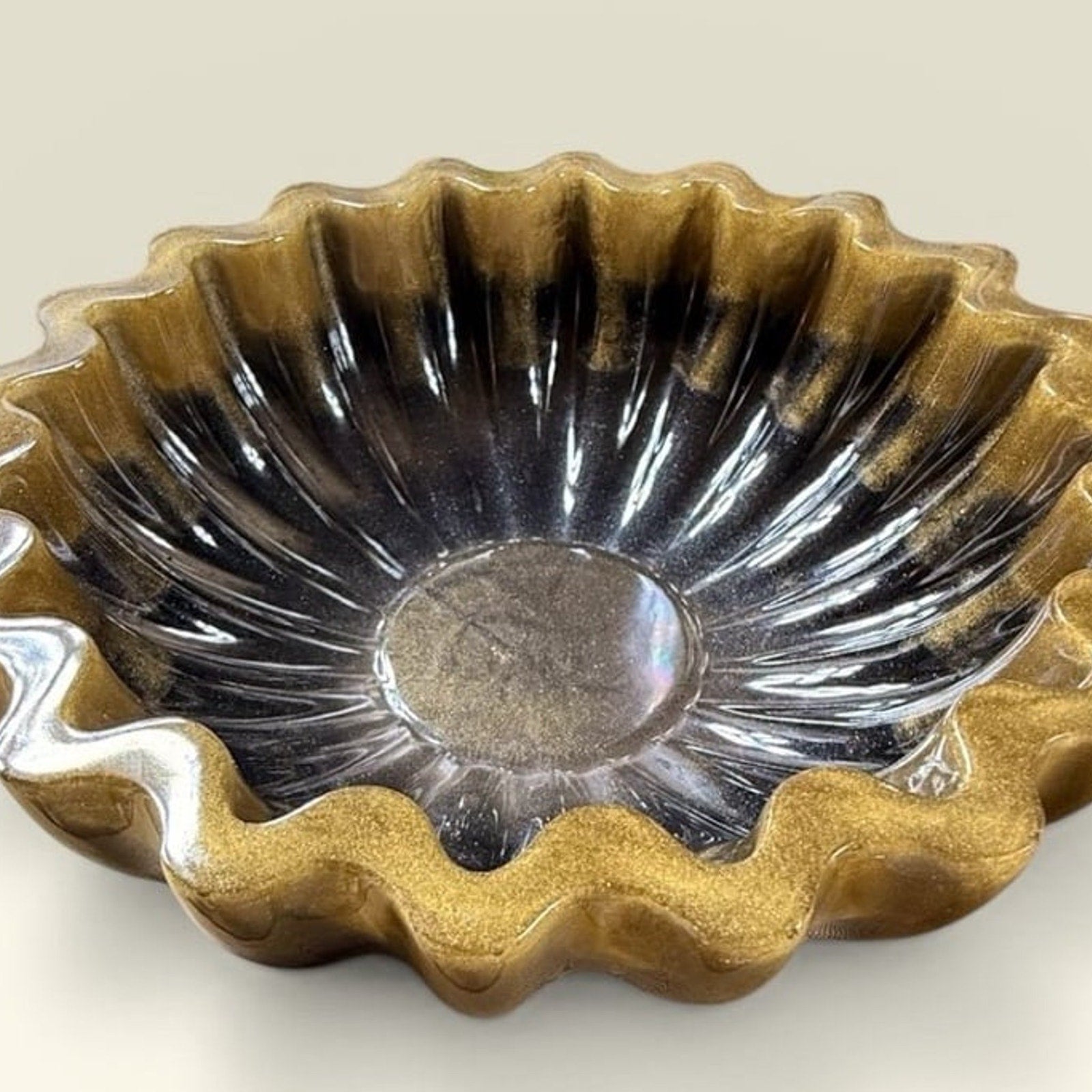 Handcrafted Fluted Epoxy Resin Bowl Gold Black Catchall Dish Vanity Decor Boho