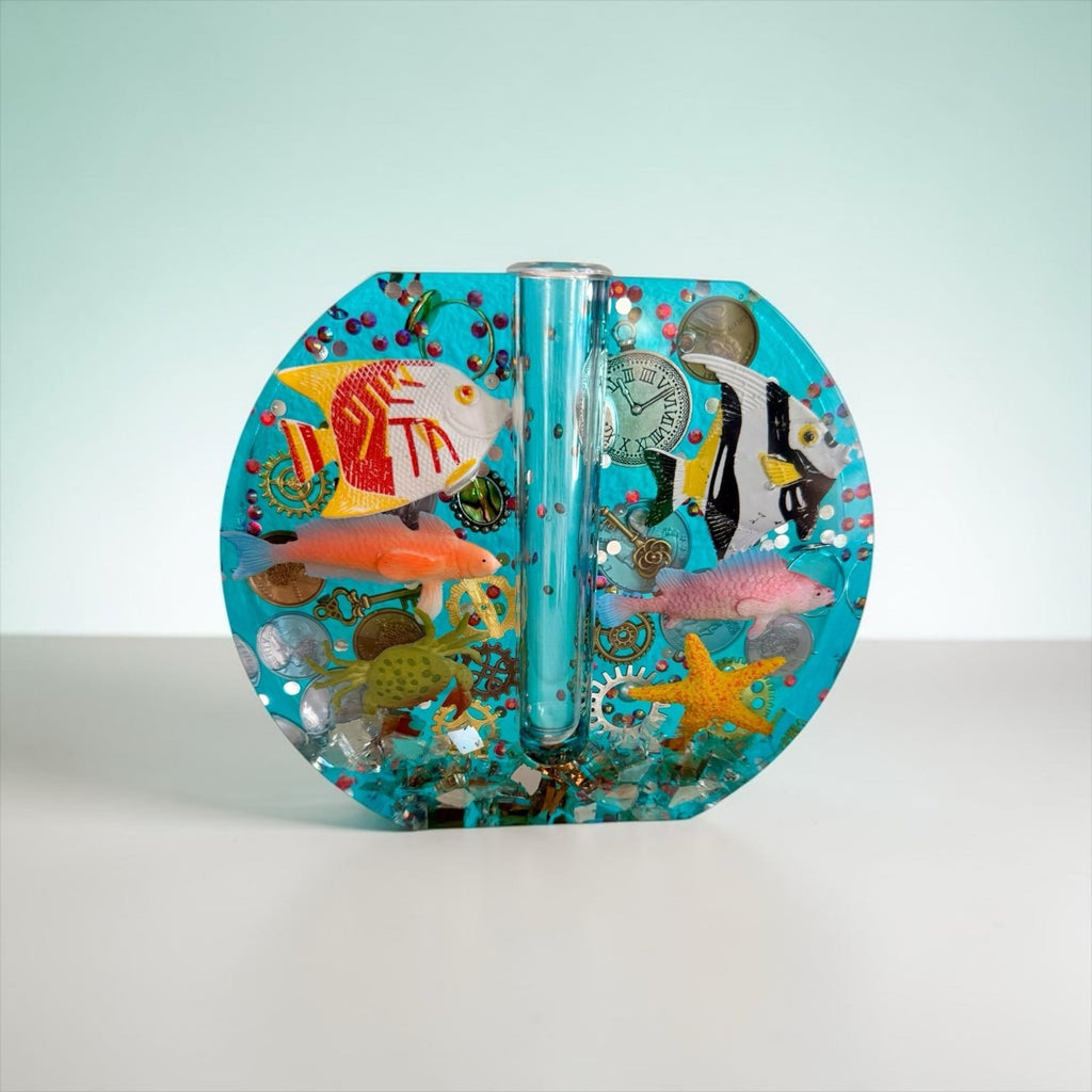 Handmade Resin Bud Vase | Steampunk Ocean Decor | Fish & Gear Curiosity | One-of