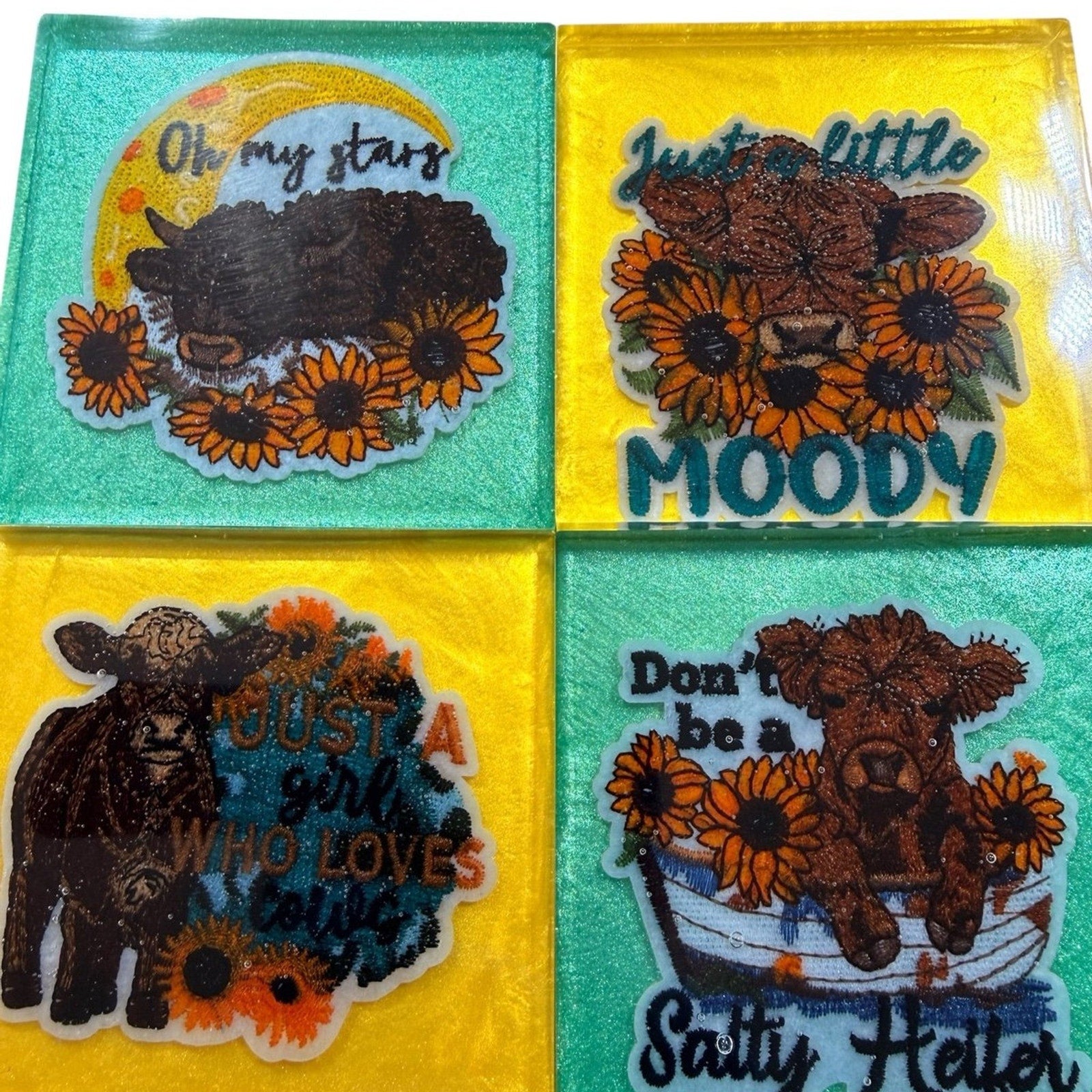 Handmade Set of 4 Retro Highland Cow Resin Coasters –Sunflower Boho Vibes