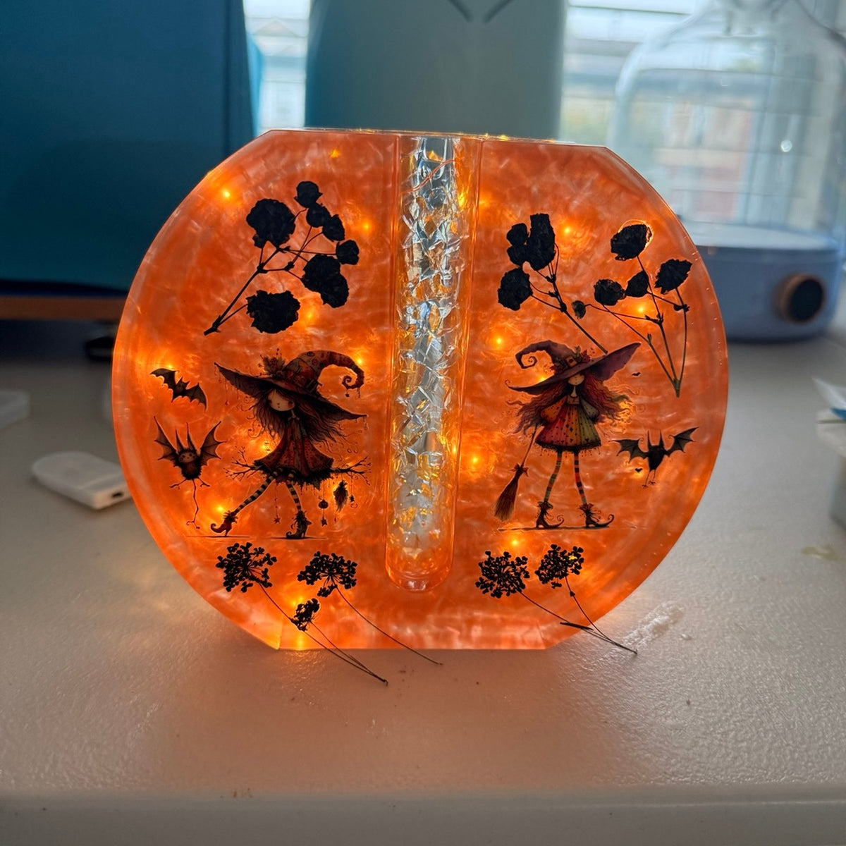 Halloween Lighted Resin Bud Vase – Witch Decor – Handmade Orange Vase
