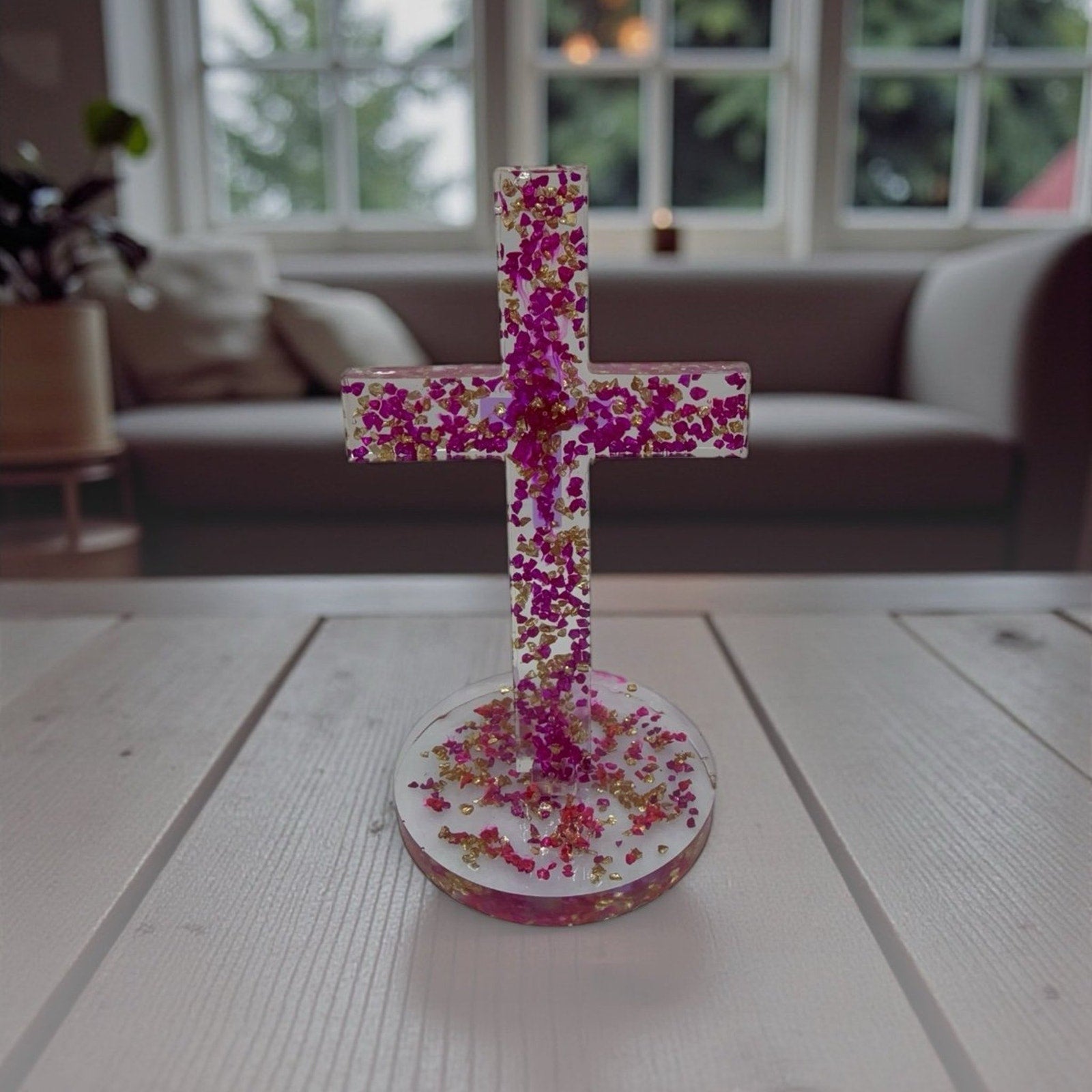 Handmade Resin Cross with Base |Crushed Glass Cross with Medallion—Lenten Gift